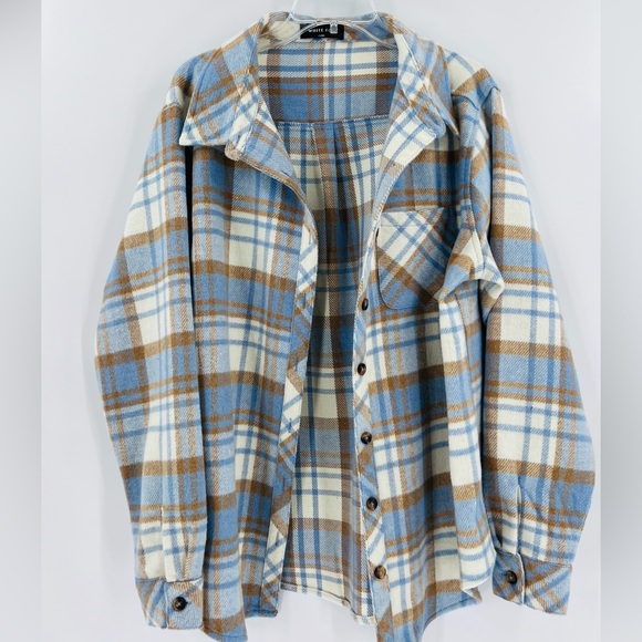 White Fox Boutique Tops - White Fox Boutique blue and brown flannel plaid shacket small/medium